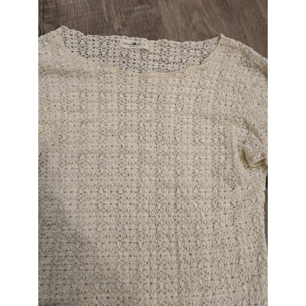 Natural Life Top Womens Cream Floral Crochet Lace Sheer Long Sleeve Boho Large - Picture 3 of 3